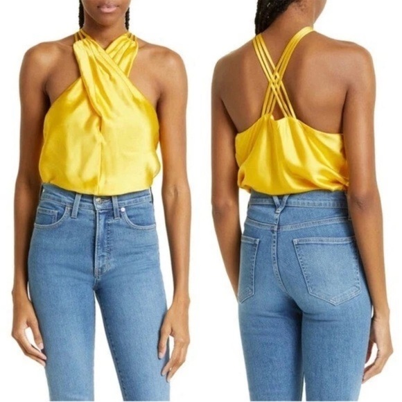 ⭐️ Veronica Beard Stewart Sleeveless Silk Halter top Bright Sunset yellow size 8 - Picture 1 of 7